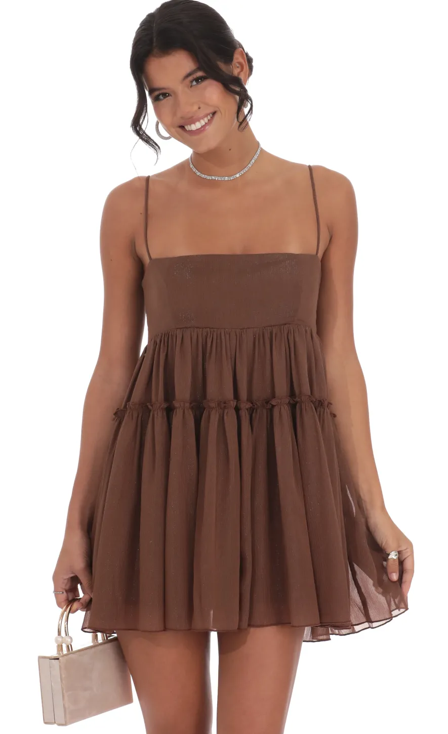 LUCY IN THE SKY Mini Dresses^Shimmer Babydoll Dress In Brown