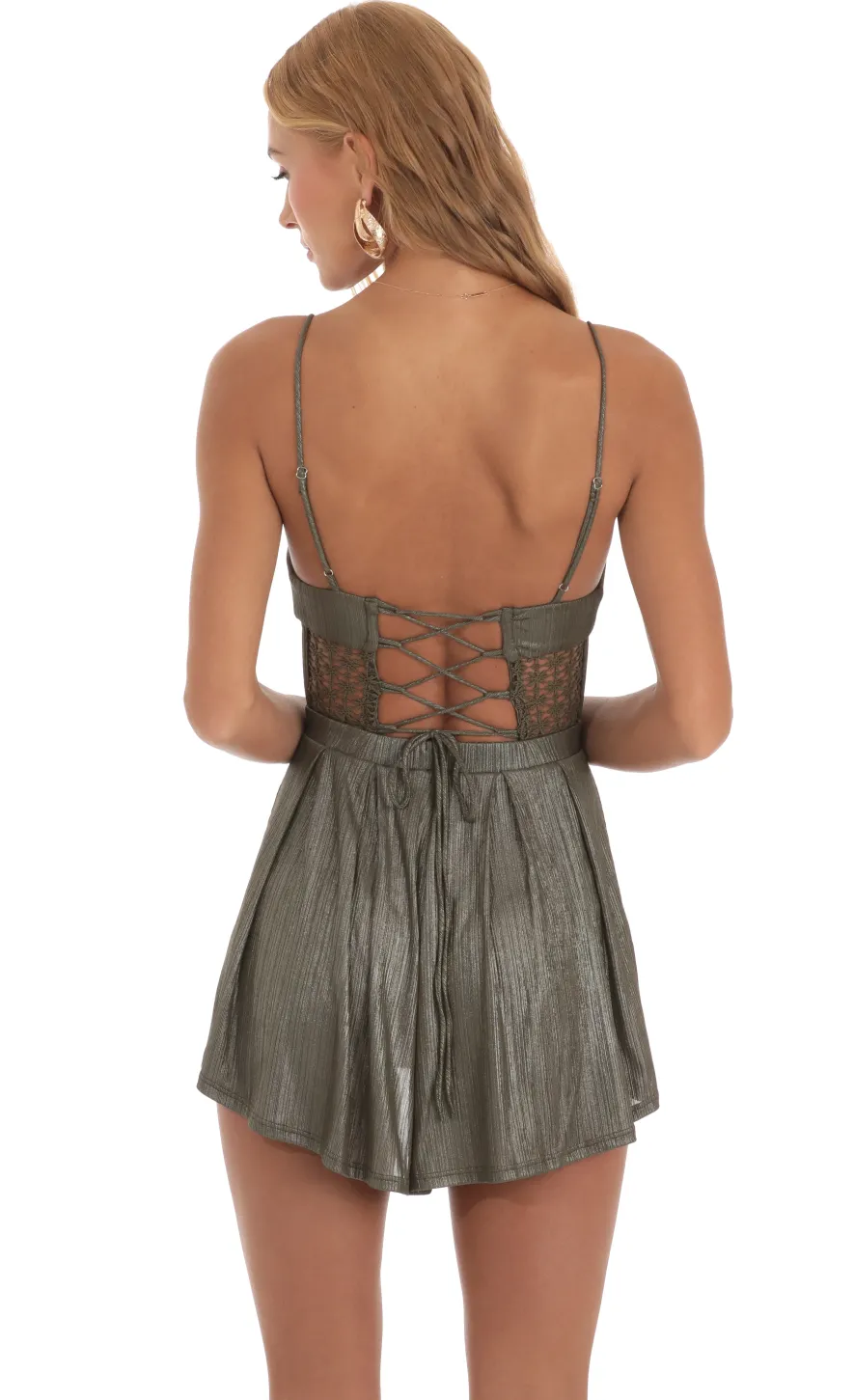 LUCY IN THE SKY Rompers^Shimmer Embroidered Corset Romper In Olive Green