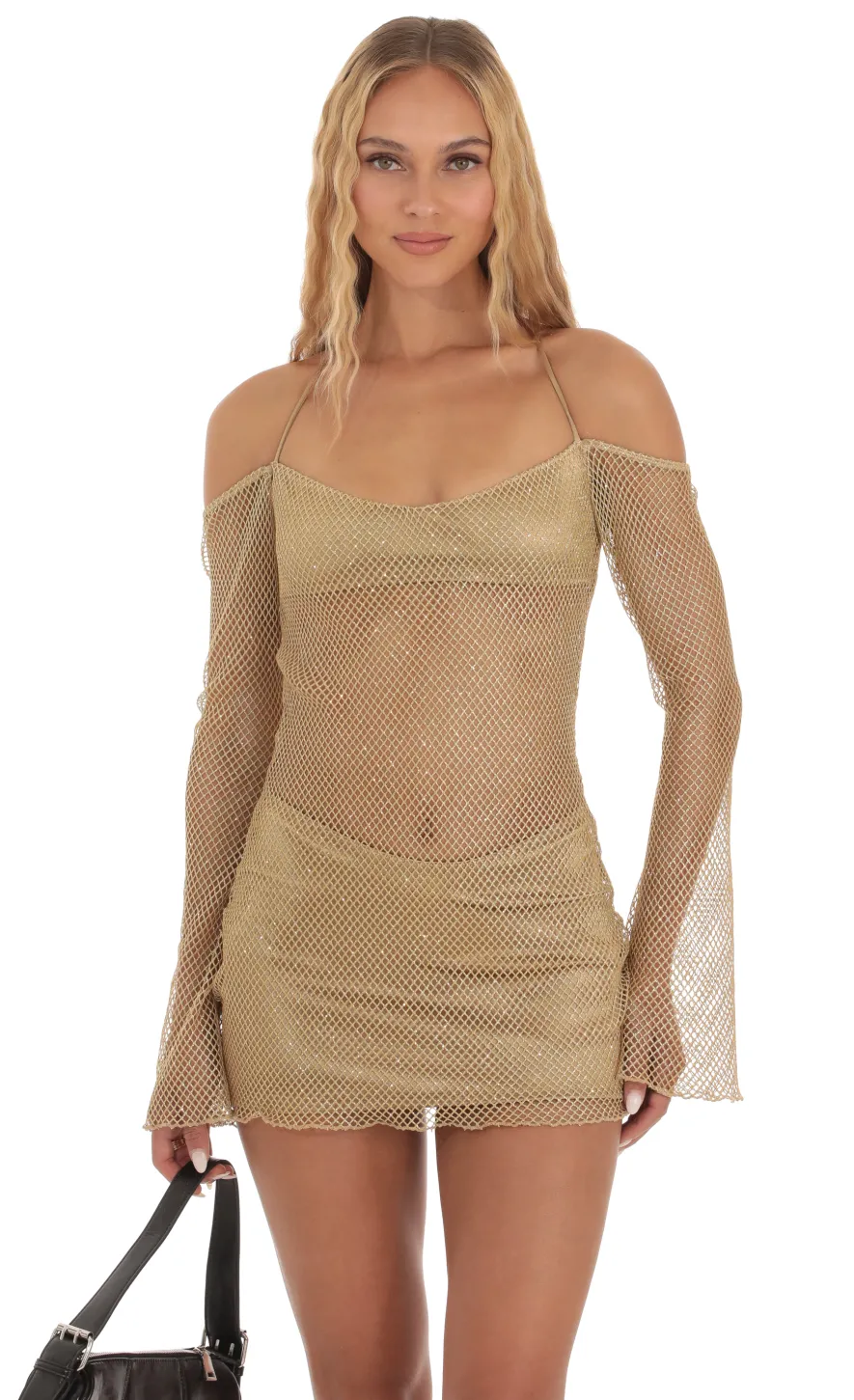LUCY IN THE SKY Mini Dresses|Two-Piece Sets^Shimmer Fishnet Off Shoulder Dress In Gold