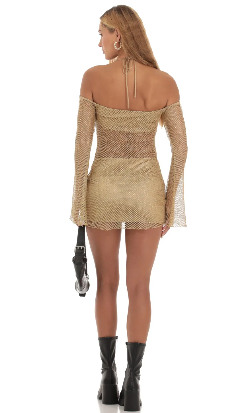 LUCY IN THE SKY Mini Dresses|Two-Piece Sets^Shimmer Fishnet Off Shoulder Dress In Gold