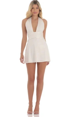 LUCY IN THE SKY Mini Dresses^Shimmer Halter Plunge Neck Dress In Off White