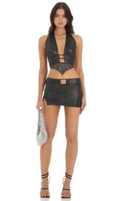 LUCY IN THE SKY Two-Piece Sets^Shimmer Halter Two Piece Set In Black