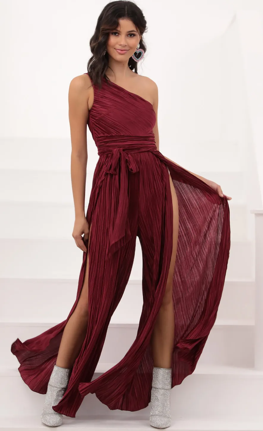 LUCY IN THE SKY Jumpsuits^Shimmer One Shoulder Jumpsuit In Burgundy