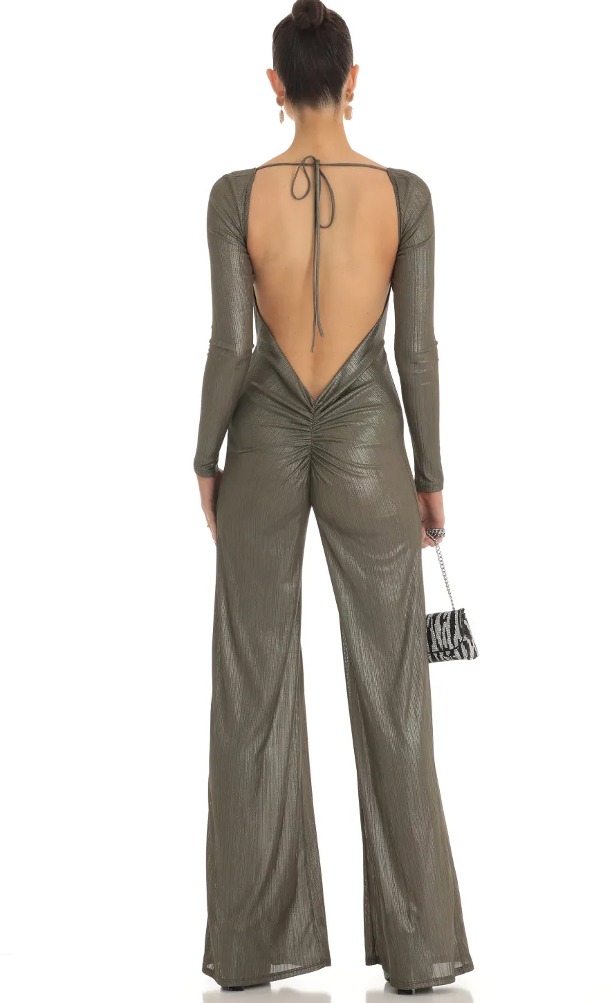 LUCY IN THE SKY Jumpsuits^Shimmer Open Back Long Sleeve Jumpsuit In Olive