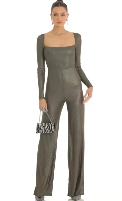 LUCY IN THE SKY Jumpsuits^Shimmer Open Back Long Sleeve Jumpsuit In Olive