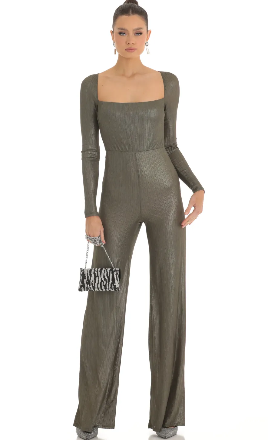 LUCY IN THE SKY Jumpsuits^Shimmer Open Back Long Sleeve Jumpsuit In Olive
