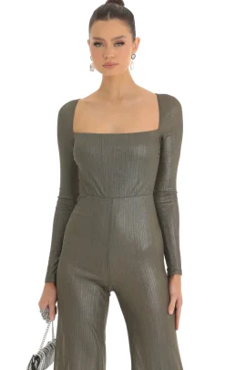 LUCY IN THE SKY Jumpsuits^Shimmer Open Back Long Sleeve Jumpsuit In Olive