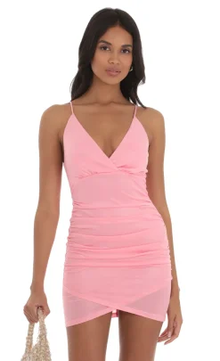 LUCY IN THE SKY Mini Dresses^Shimmer Ruched Cross-Back Dress In Pink