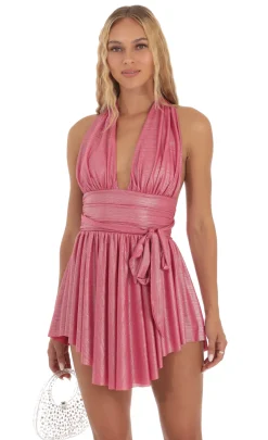 LUCY IN THE SKY Mini Dresses^Shimmer Ruched Halter Dress In Pink
