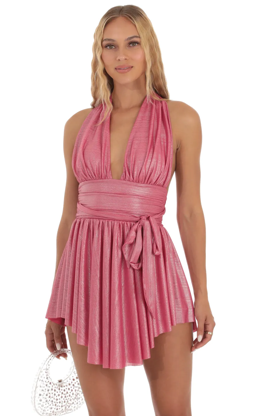 LUCY IN THE SKY Mini Dresses^Shimmer Ruched Halter Dress In Pink