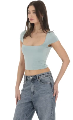 LUCY IN THE SKY Tops^Short Sleeve Crop Top In Seaglass Blue