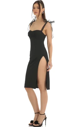 LUCY IN THE SKY Midi Dresses^Shoulder Bow Tie Crepe Midi Dress In Black