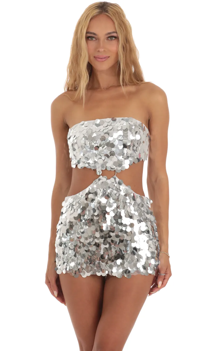 LUCY IN THE SKY Mini Dresses^Silver Sequin Cutout Dress In White