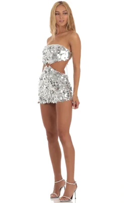 LUCY IN THE SKY Mini Dresses^Silver Sequin Cutout Dress In White