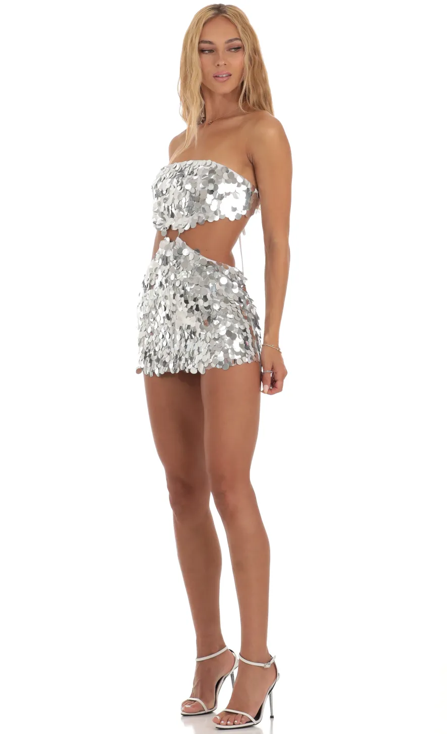 LUCY IN THE SKY Mini Dresses^Silver Sequin Cutout Dress In White