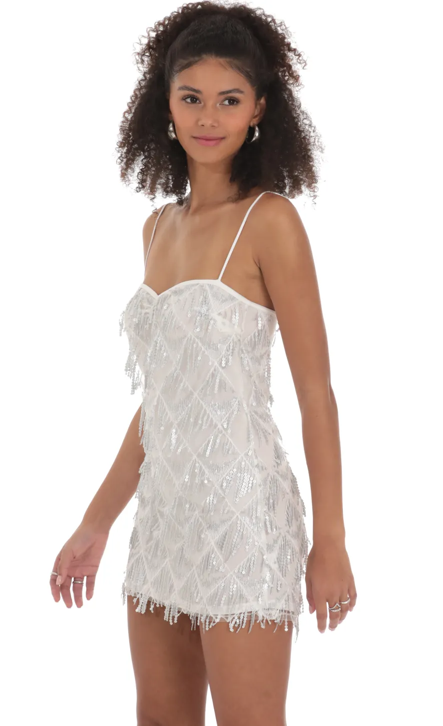 LUCY IN THE SKY Mini Dresses^Silver Sequin Fringe Dress In White