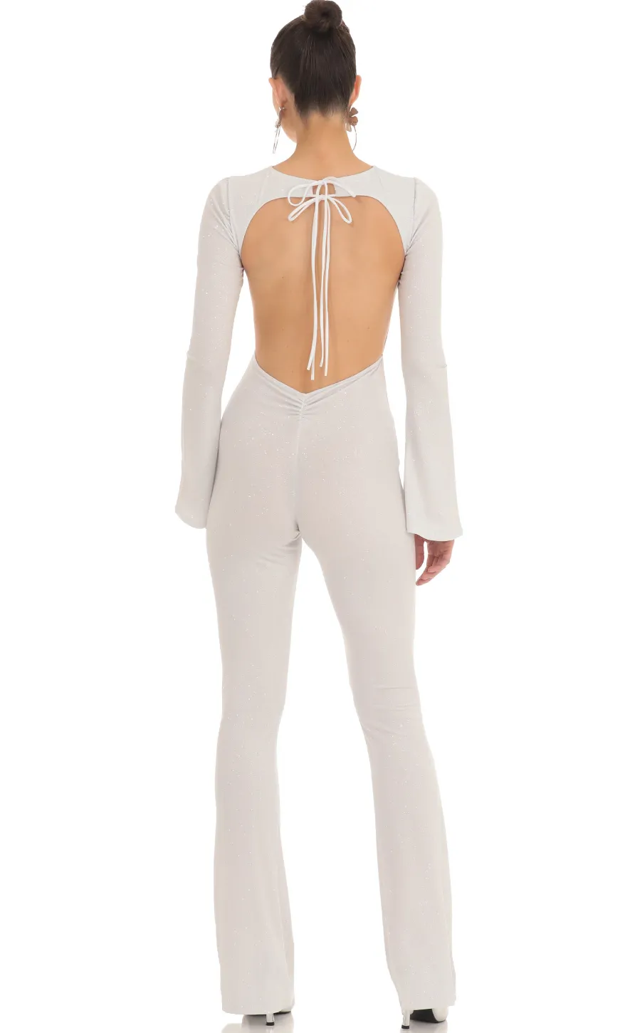 LUCY IN THE SKY Jumpsuits^Silver Shimmer Open Back Jumpsuit In White