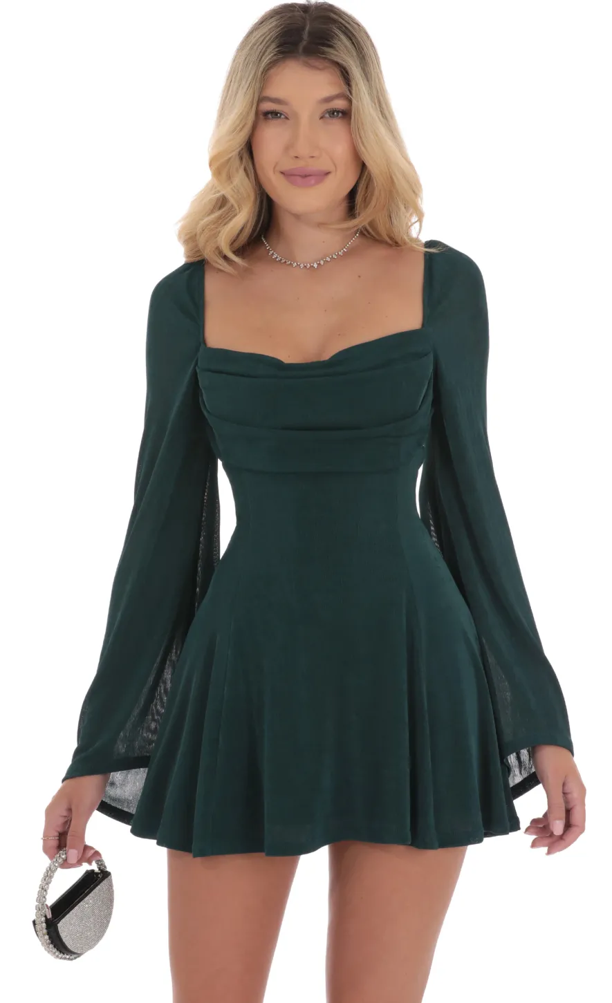 LUCY IN THE SKY Mini Dresses^Slinky Flare Sleeve Dress In Dark Green