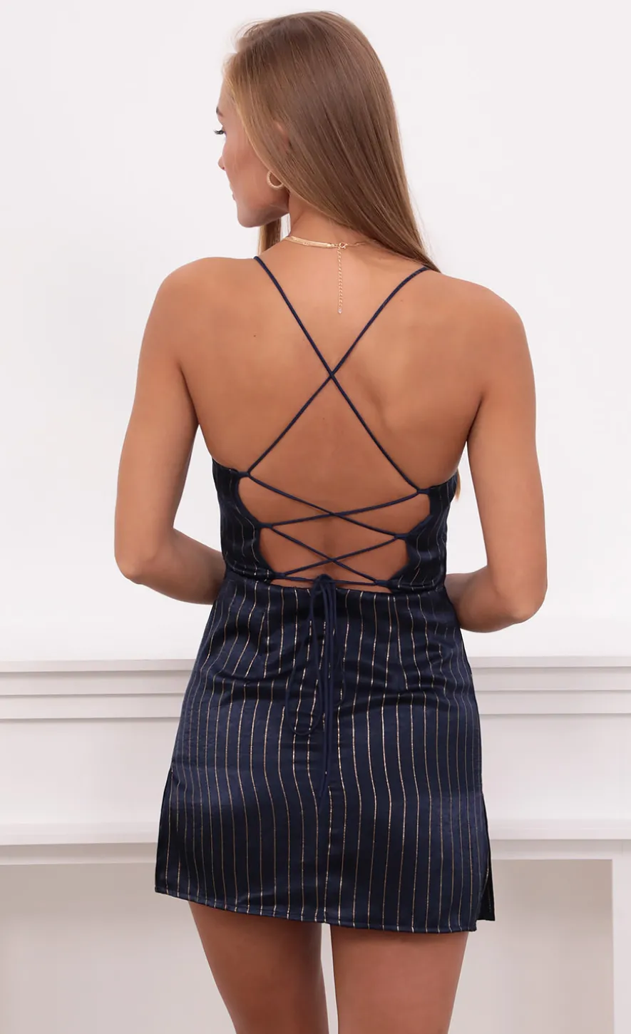 LUCY IN THE SKY Mini Dresses^Slip Dress In Navy And Gold Stripes