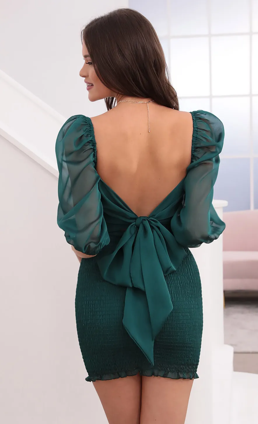 LUCY IN THE SKY Mini Dresses^Smocked Chiffon Dress In Green