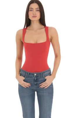 LUCY IN THE SKY Bodysuits^Square Neck Bodysuit In Red