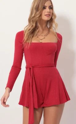 LUCY IN THE SKY Rompers^Square Neck Romper In Sparkling Red
