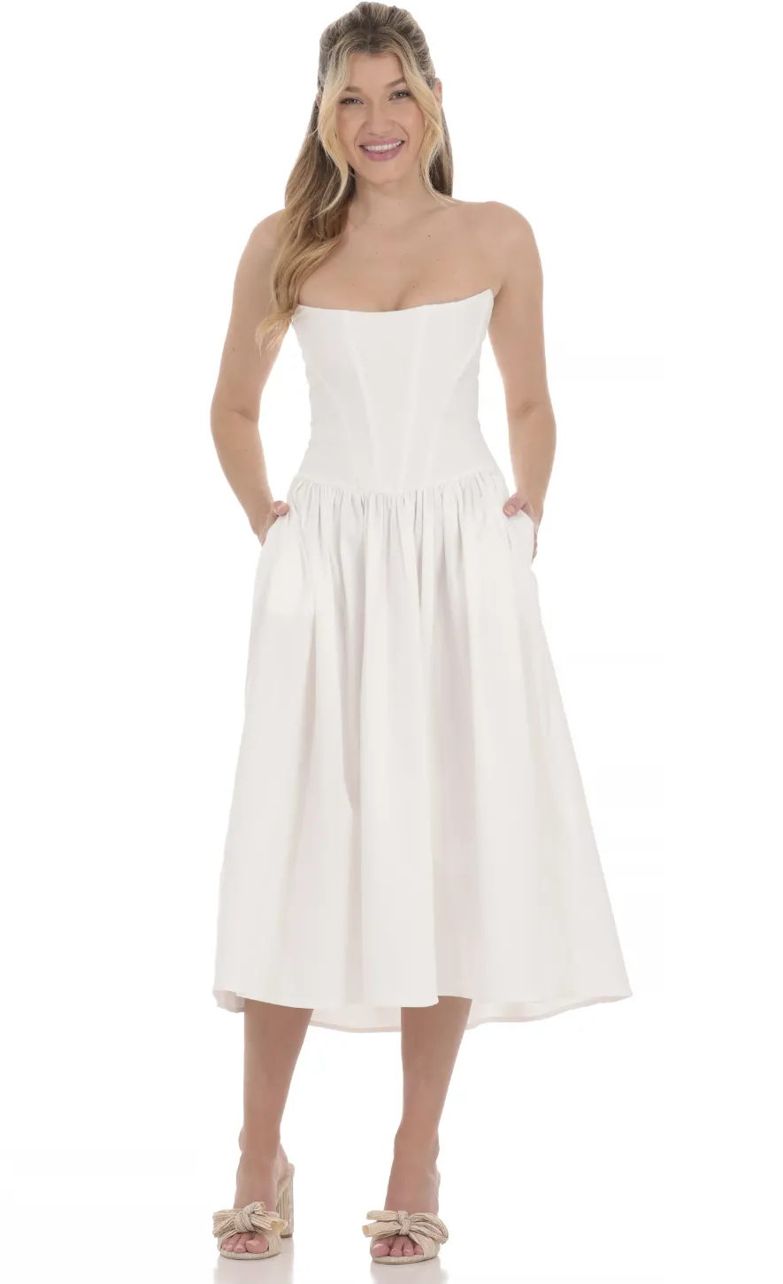 LUCY IN THE SKY Midi Dresses^Strapless Corset Midi Dress In White