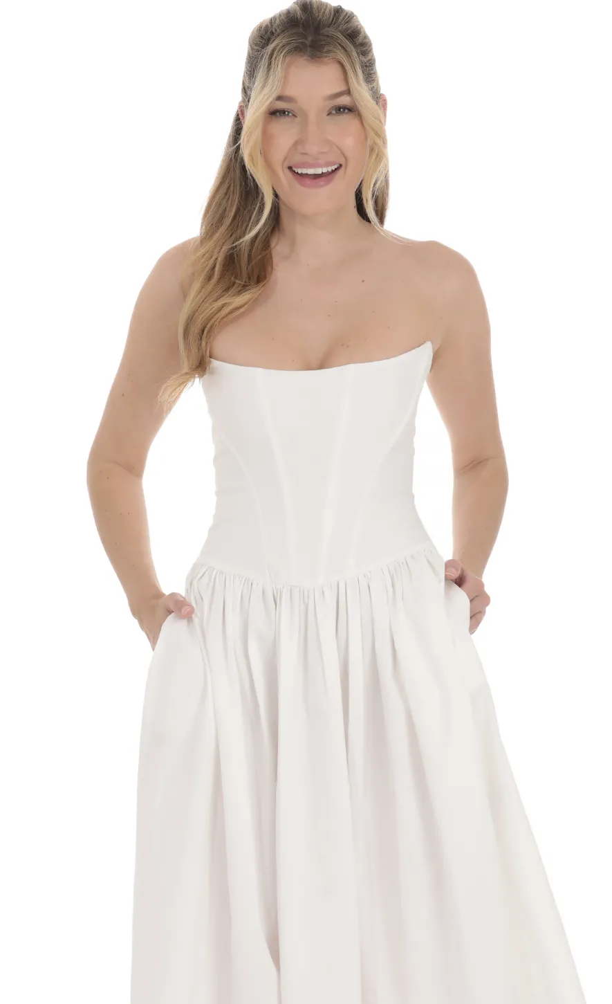 LUCY IN THE SKY Midi Dresses^Strapless Corset Midi Dress In White