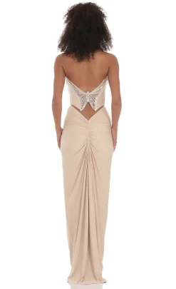 LUCY IN THE SKY Maxi Dresses^Strapless Corset Sequin Butterfly Maxi Dress In Beige