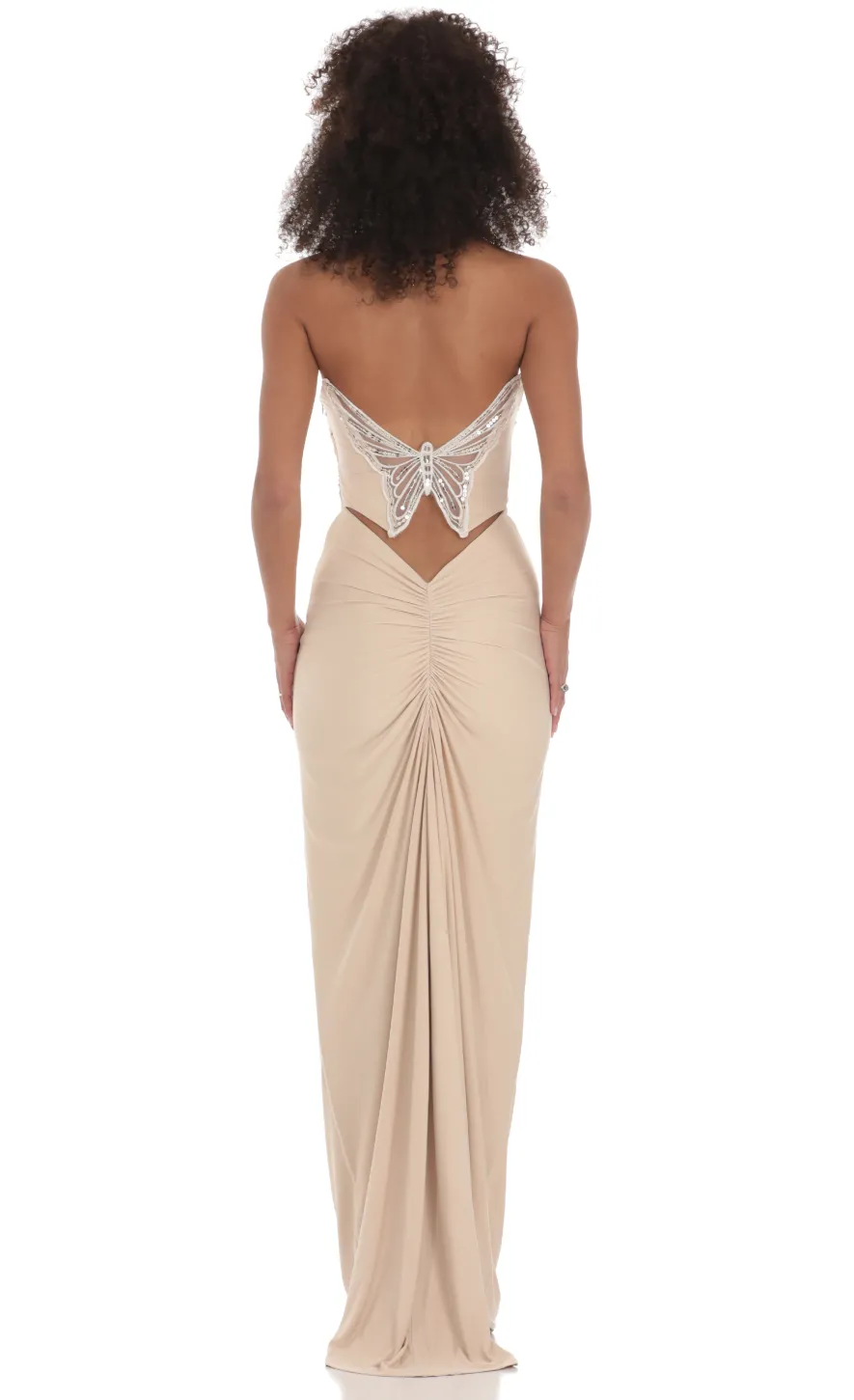LUCY IN THE SKY Maxi Dresses^Strapless Corset Sequin Butterfly Maxi Dress In Beige