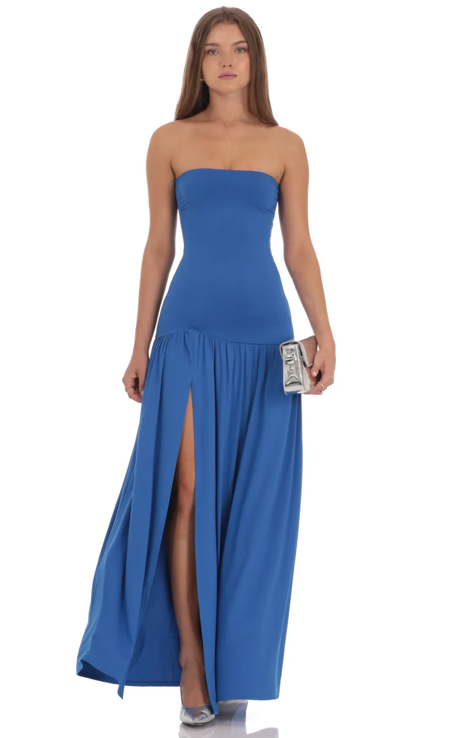 LUCY IN THE SKY Maxi Dresses^Strapless Drop Waist Maxi Dress In Blue