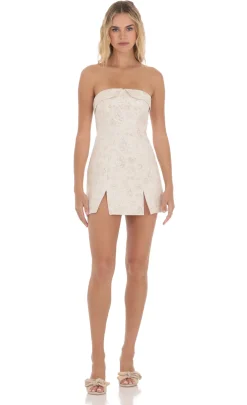 LUCY IN THE SKY Mini Dresses^Strapless Foiled Floral Double Slit Dress In Cream