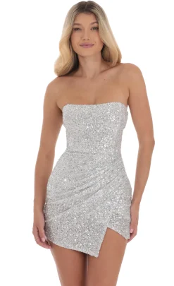 LUCY IN THE SKY Mini Dresses^Strapless Knit Sequin Dress In Silver