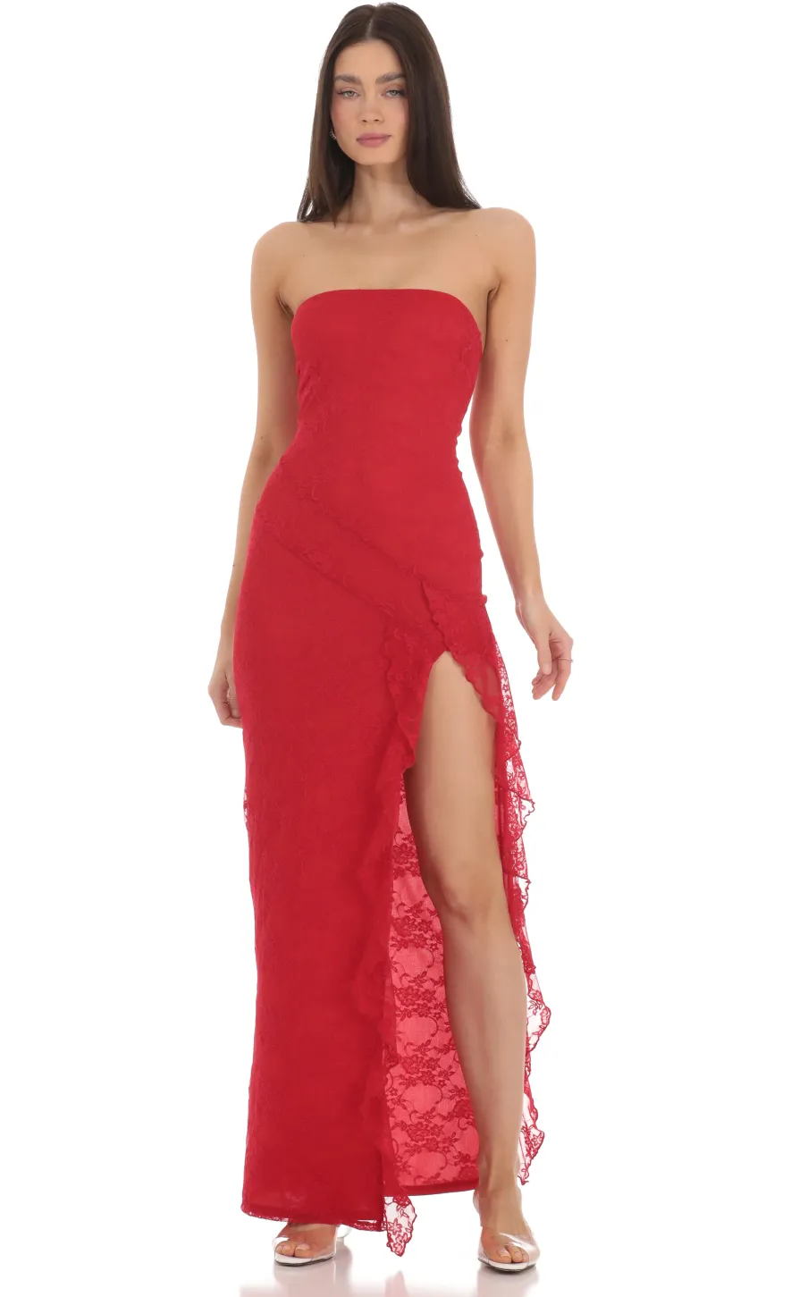 LUCY IN THE SKY Maxi Dresses^Strapless Lace Ruffle Slit Dress In Red