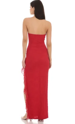 LUCY IN THE SKY Maxi Dresses^Strapless Lace Ruffle Slit Dress In Red