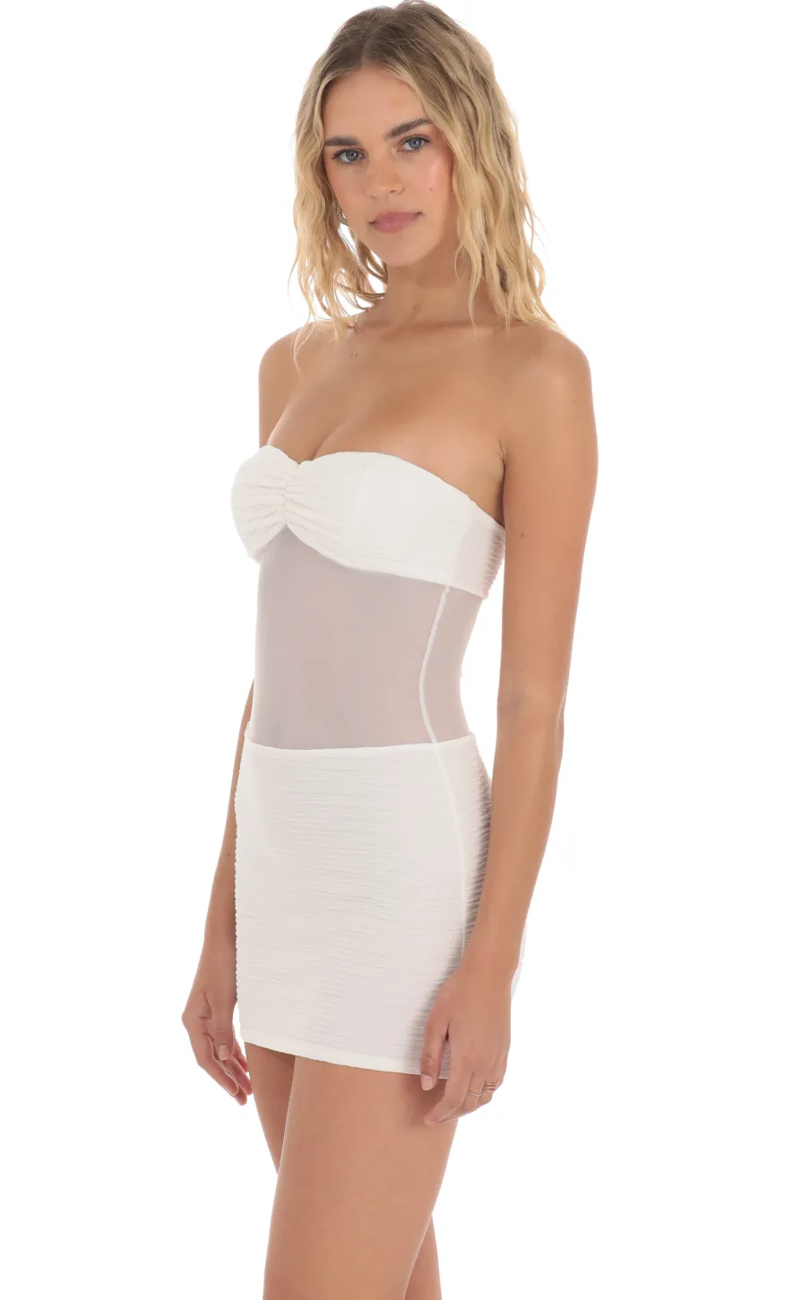 LUCY IN THE SKY Mini Dresses^Strapless Mesh Cutout Dress In White
