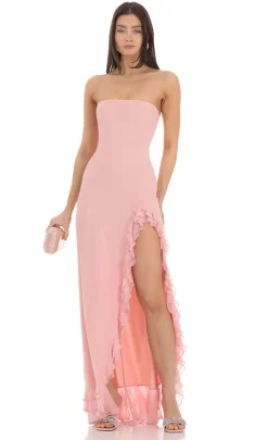 LUCY IN THE SKY Maxi Dresses^Strapless Mesh Ruffle Maxi Dress In Pink