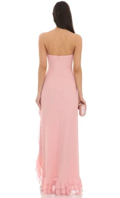 LUCY IN THE SKY Maxi Dresses^Strapless Mesh Ruffle Maxi Dress In Pink