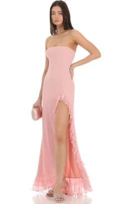 LUCY IN THE SKY Maxi Dresses^Strapless Mesh Ruffle Maxi Dress In Pink