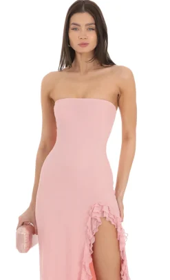 LUCY IN THE SKY Maxi Dresses^Strapless Mesh Ruffle Maxi Dress In Pink