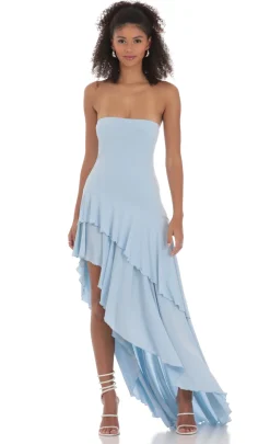 LUCY IN THE SKY Maxi Dresses^Strapless Ruffle Asymmetrical Maxi Dress In Blue