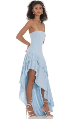 LUCY IN THE SKY Maxi Dresses^Strapless Ruffle Asymmetrical Maxi Dress In Blue