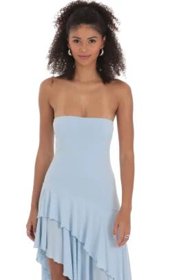 LUCY IN THE SKY Maxi Dresses^Strapless Ruffle Asymmetrical Maxi Dress In Blue