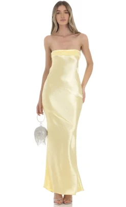 LUCY IN THE SKY Maxi Dresses^Strapless Satin Maxi Dress In Yellow