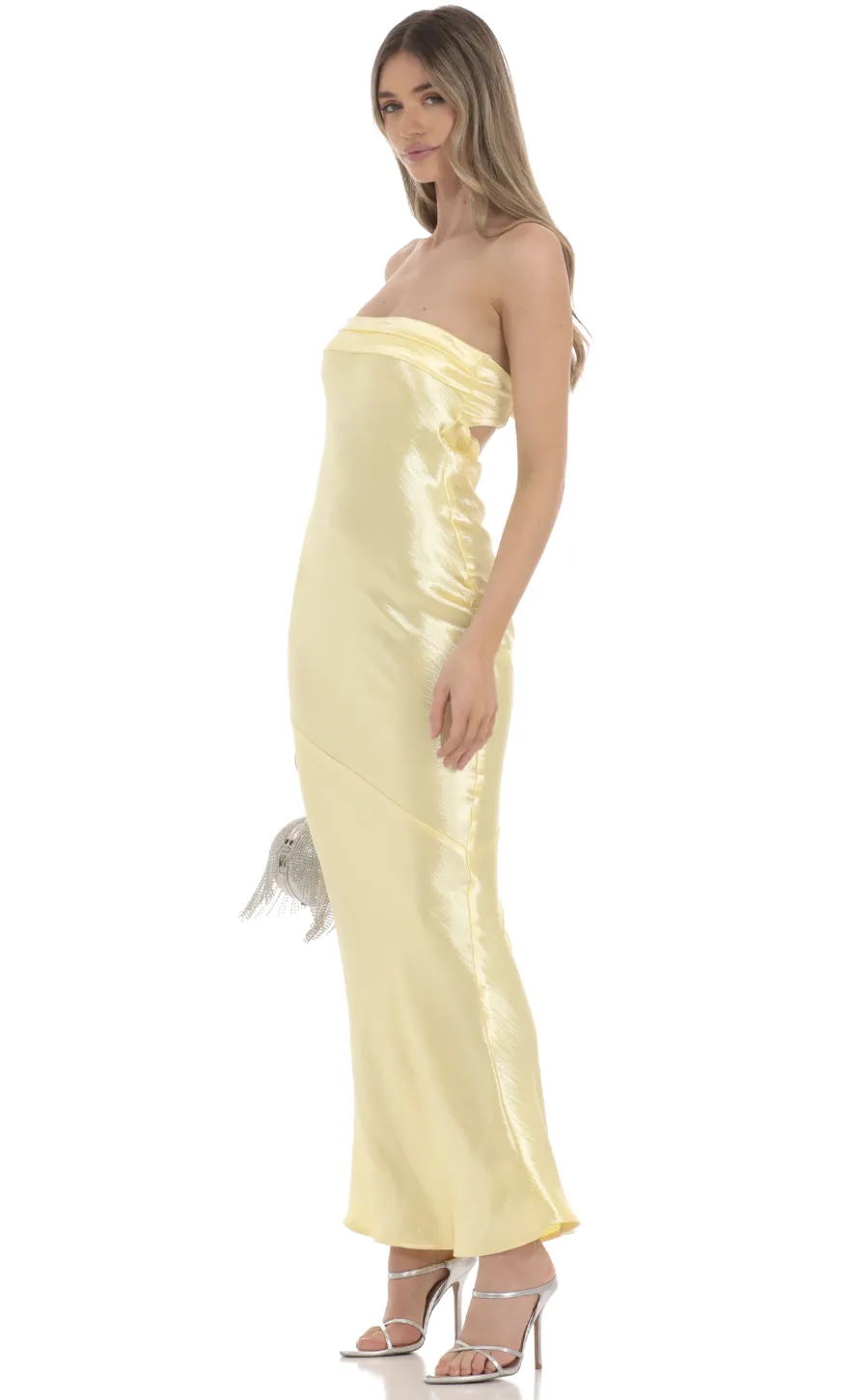 LUCY IN THE SKY Maxi Dresses^Strapless Satin Maxi Dress In Yellow
