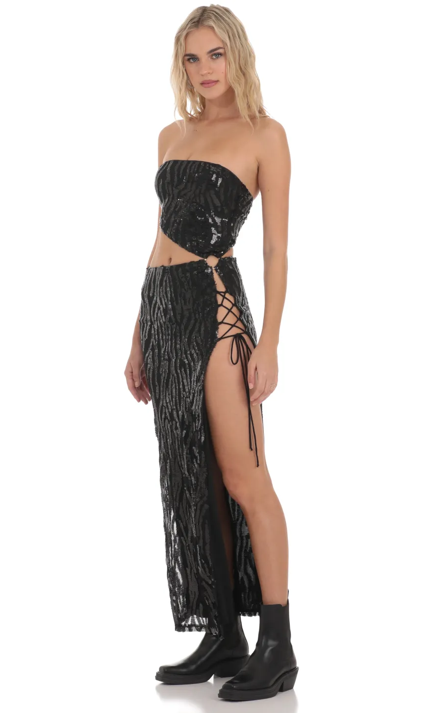 LUCY IN THE SKY Maxi Dresses^Strapless Sequin Cutout Maxi Dress In Black