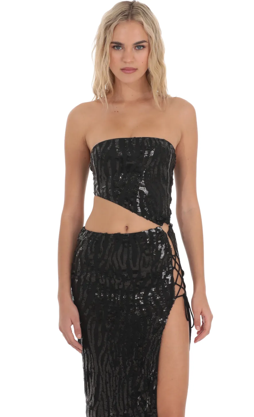 LUCY IN THE SKY Maxi Dresses^Strapless Sequin Cutout Maxi Dress In Black
