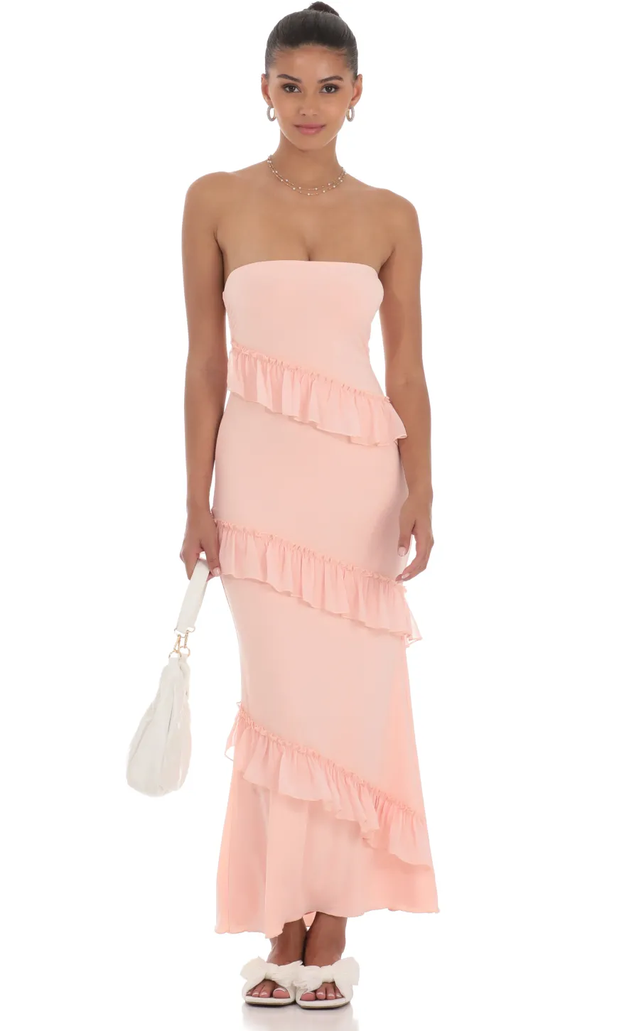 LUCY IN THE SKY Maxi Dresses^Strapless Spiral Ruffle Maxi Dress In Peach