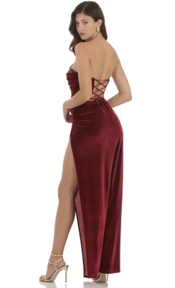 LUCY IN THE SKY Maxi Dresses^Strapless Velvet Sequin Bust Maxi Dress In Maroon