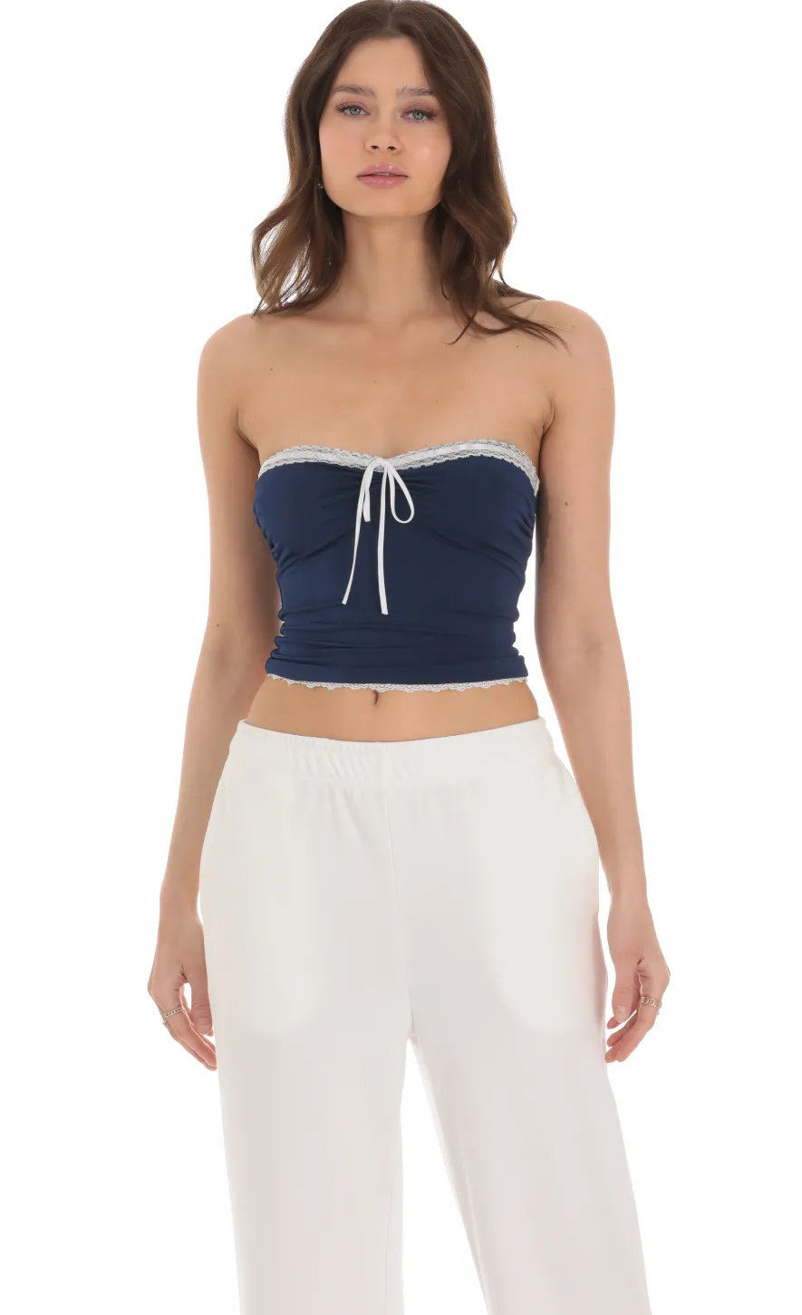 LUCY IN THE SKY Tops^Strapless White Lace Top In Navy
